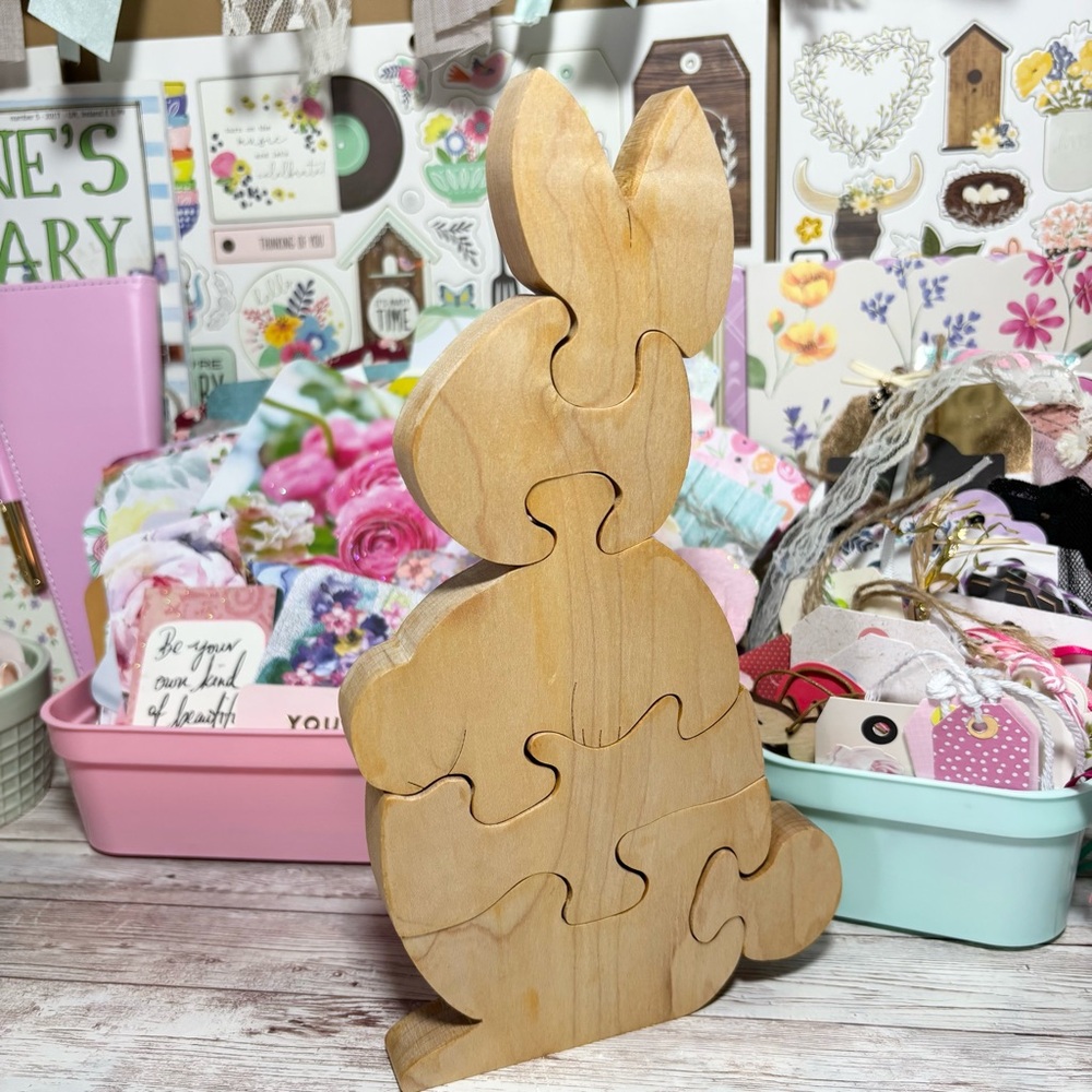 Handcrafted Wood Rabbit Bunny 6-pc. Puzzle Handmade Children’s Toy Stands Spring - Picture 3 of 7